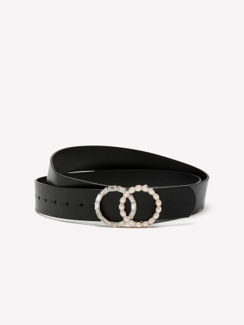 Black Denim Belt with Double Ring Pearl Buckle