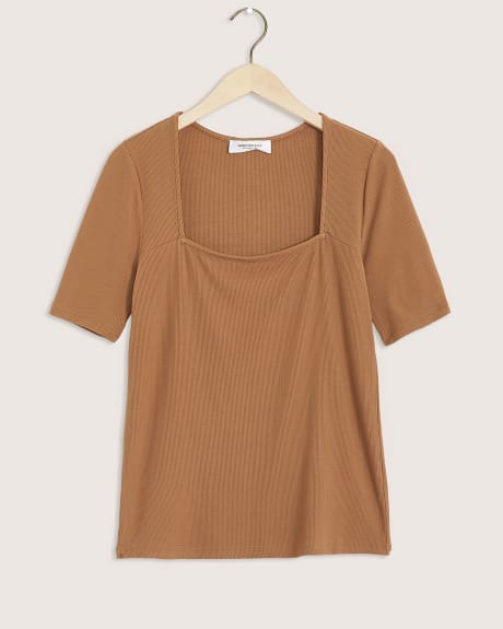 Solid Ribbed Elbow-Sleeve Square-Neck Knit Top - Addition Elle