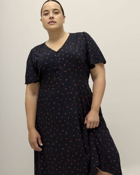 Responsible, Printed High-Low Midi Dress with Flutter Sleeves