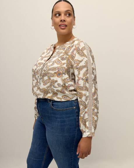 Blouse évasée à manches longues avec garniture, tissu responsable