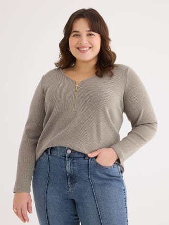 Long Sleeve Knit Top with Zippered V-Neck