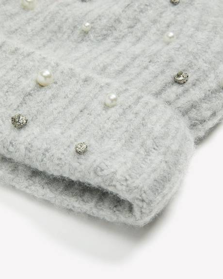 Ribbed Knit Cuff Beanie with Fleece Lining and Decorative Pearls