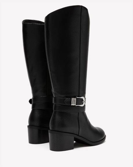 Botte pour mollet large haute noire à talon bloc et double bride, pied très large