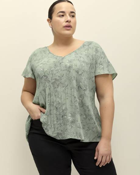Responsible, Pleated V-Neck Blouse with Short Flutter Sleeves