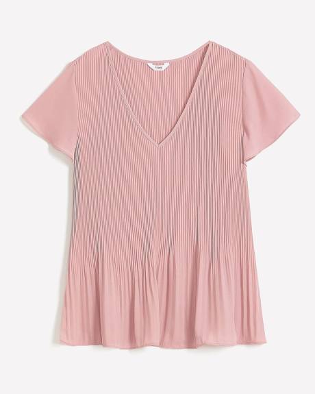 Blouse plissée à col en V et manches courtes à volants