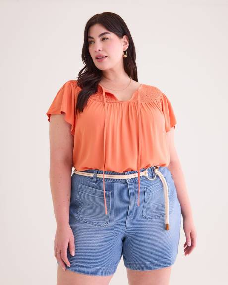 Short Sleeve Blouse with Smocked Neckline