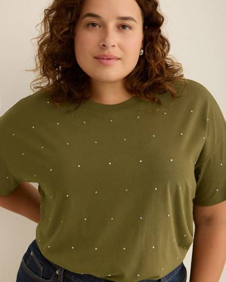 T-shirt col rond avec feuilles décoratives en strass