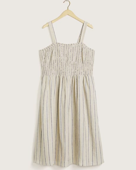 Linen Blend Stripe Dress WIth Smocking Detail