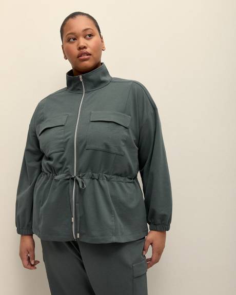 Mock-Neck Zippered Utility Jacket with Adjustable Waist - Active Zone