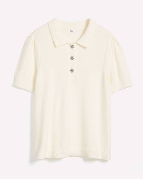 Plush Short-Sleeve Polo Sweater with Fancy Buttons