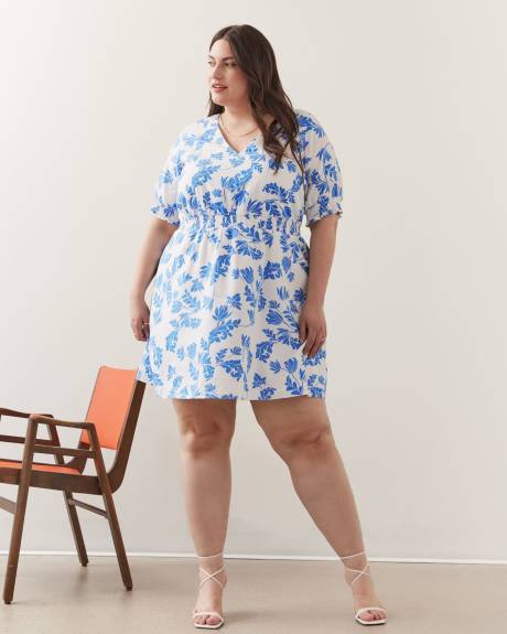 Robe imprimée feuille avec smocks, mélange de lin