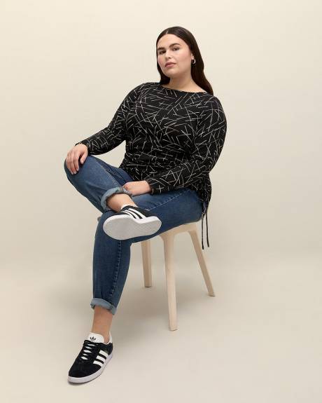 Boat-Neck Knit Top with Side Drawstrings