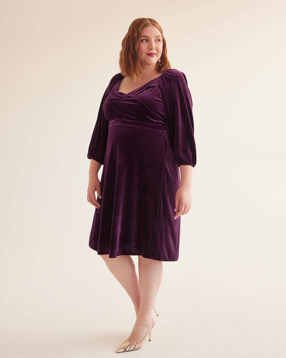 Velvet Crossover Pleated V-Neck Dress