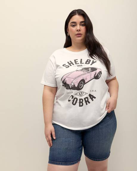 White Short-Sleeve Crewneck Tee with Shelby Cobra Print