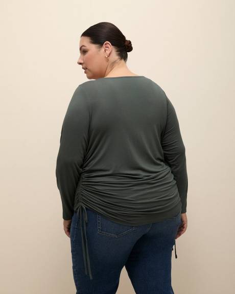 Boat-Neck Knit Top with Side Drawstrings