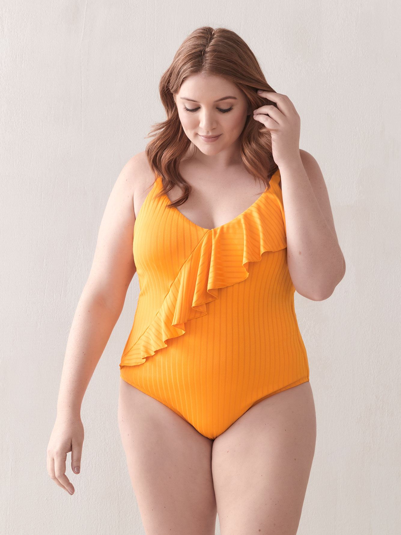 orange ruffle swimsuit