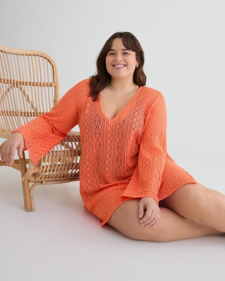 Long-Sleeve Crochet Swim Cover-Up