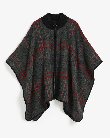 Zip-Front Plaid Cape with Ribbed Collar