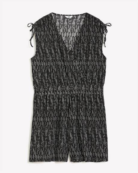 Pinted Sleeveless V-Neck Romper with Shoulder Ties