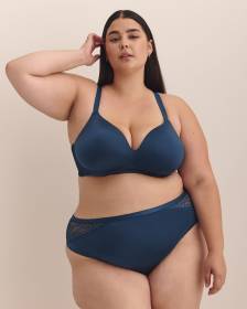 Soutien-gorge satiné pigeonnant bleu avec dentelle, sans armatures - Déesse Collection