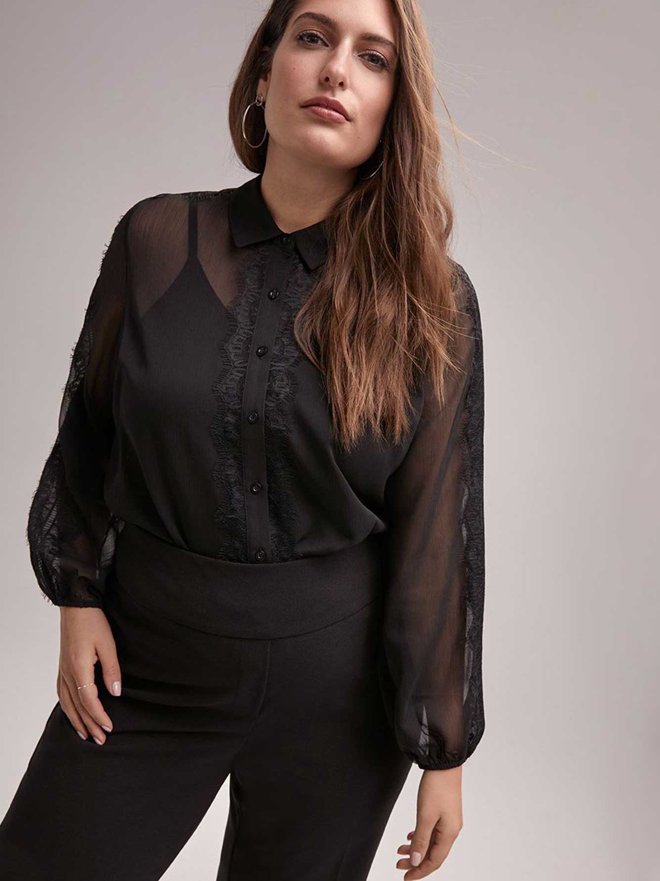 Long Sleeve Sheer Blouse with Lace Trim In Every Story Penningtons