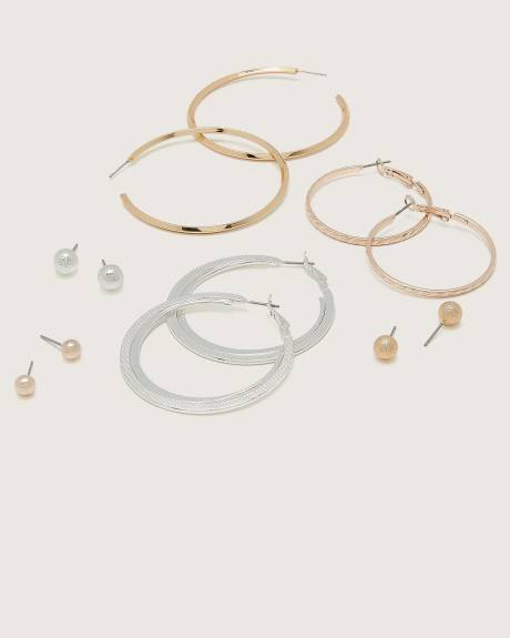 Boucles d'oreilles boutons et anneaux métalliques assorties, ens. de 6