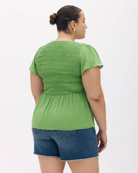 Blouse with Smocking, Short Flutter Sleeves - Addition Elle