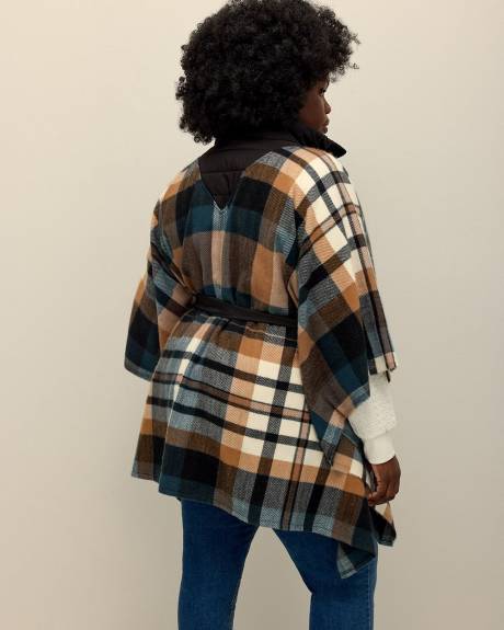 Puffer-Neck Belted Plaid Cape with Front Zipper