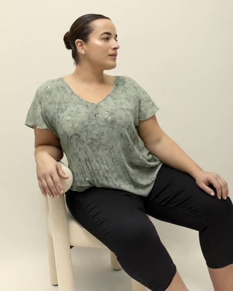 Responsible, Pleated V-Neck Blouse with Short Flutter Sleeves
