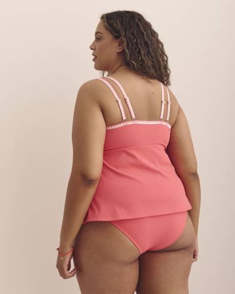 Coral Ribbed Tankini Top with Geometric Double Straps