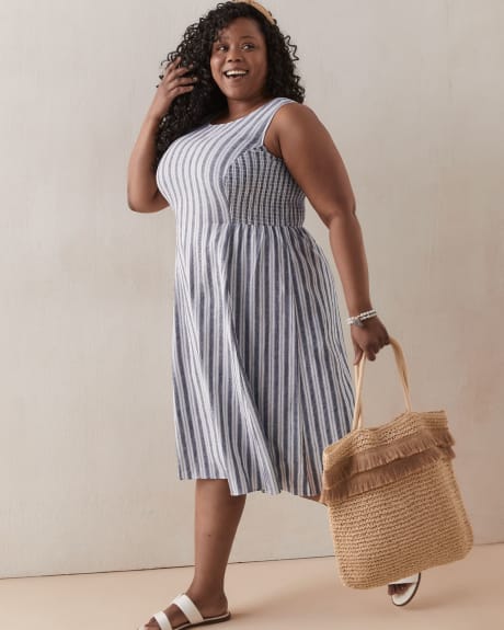 Striped Linen Blend Dress With Smocking - In Every Story