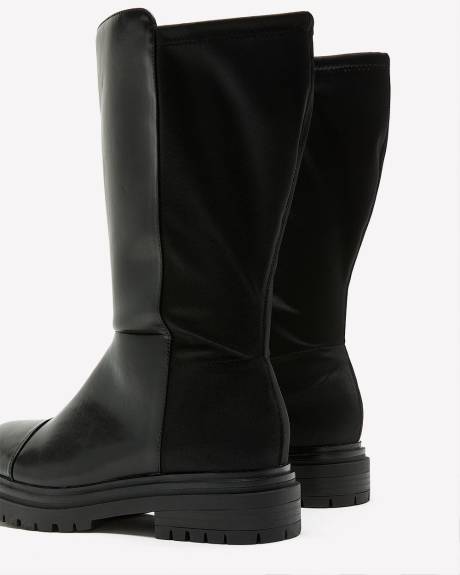 Botte mi-mollet en faux cuir et néoprène, pied très large