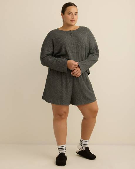 Long-Sleeve Crop Waffle Knit Pyjama Top with Placket - ti Voglio