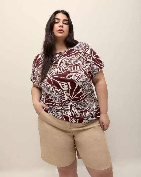 Foliage-Print Extended-Sleeve Top with Crisscross Back