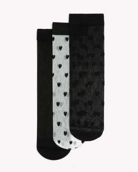 Black Nylon Ankle Socks Heart Detail, Set of 3