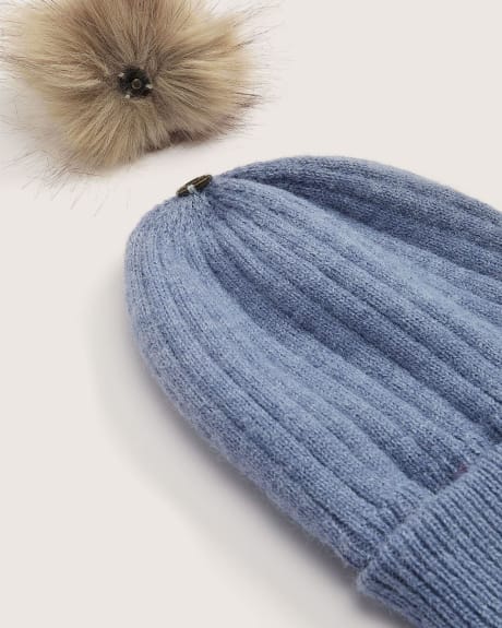 Tuque côtelée avec pompon et doublure en molleton