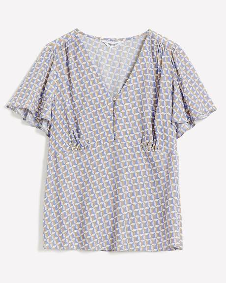 Short-Flutter-Sleeve Blouse with Buttoned V Neckline - Addition Elle