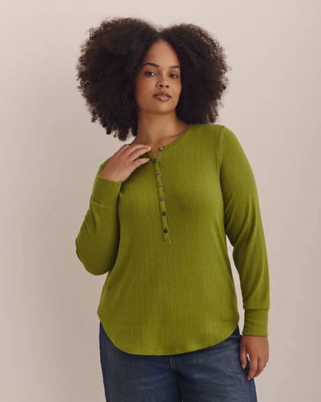 Long-Sleeve Pointelle Ribbed Knit Henley Top