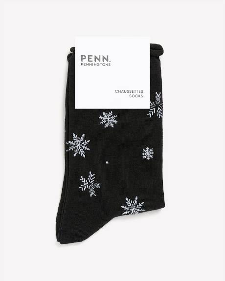 Snowflake Crew Socks with Rolled Edge