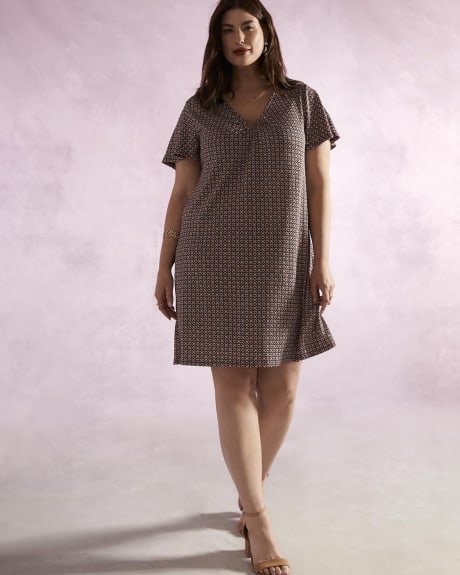 Printed Jersey Dress with Ring Detail at Neckline - Addition Elle