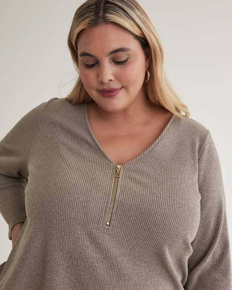 Ribbed Knit Top with Zippered V-Neck