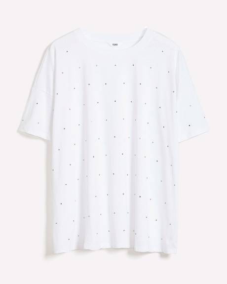 Crewneck Knit Top with Leaf Rhinestone Embellishment