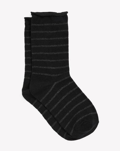 Black Rolled Edge Crew Socks with Lurex Stripes