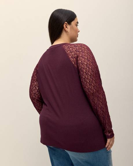 Ribbed Knit Top with Long Lace Sleeves