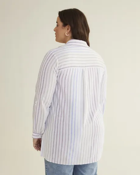 Striped Tunic Shirt with Roll-Up Sleeves, Linen Blend