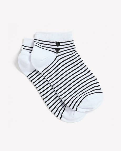 Black and White Striped Ankle Socks with Double Heart Embroidery