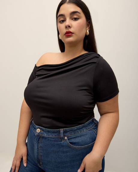 Short-Sleeve Knit Top with Shirring Asymmetrical Neckline