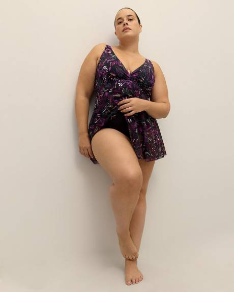 Leaf-Print V-Neck Swimdress with Mesh Skirt
