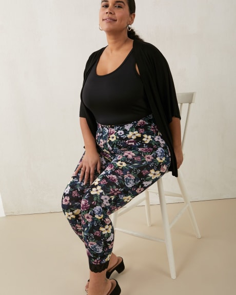 Fashion Crop Leggings With Lace Trim Cuffs, Floral Print