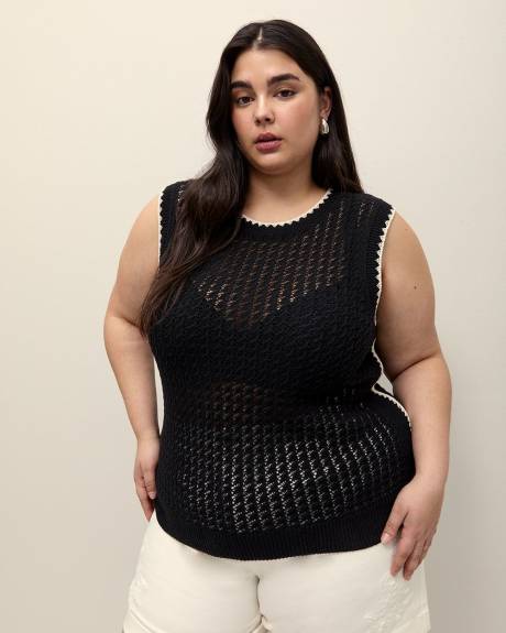 Sleeveless Cotton Sweater with Crochet Ribbed Bands